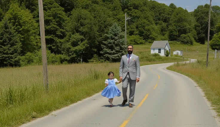 A man and a girl are depicted walking on a road. The man is dressed in a blazer, tie, and shoes, while the girl is wearing a blue dress. The background features trees, grass, poles, and a building