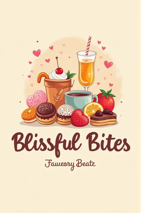 Make a logotip of bakery called "Blissful bites" with, hot dog, coffee, tea, truffel, fruits and sweets. For girls company