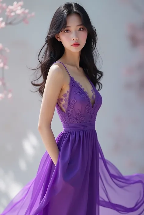 Create a real Asian women Wearing a purple dress standing in the front 