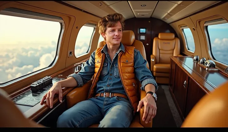 Marty McFly flying in his private plane with hostesses and luxuries. . Use the character reference faithfully.