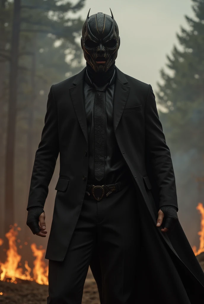 cristiano ronaldo standing near a burning forest wearing a scary black suit dressed up as a villain and wearing a dark helmet . 