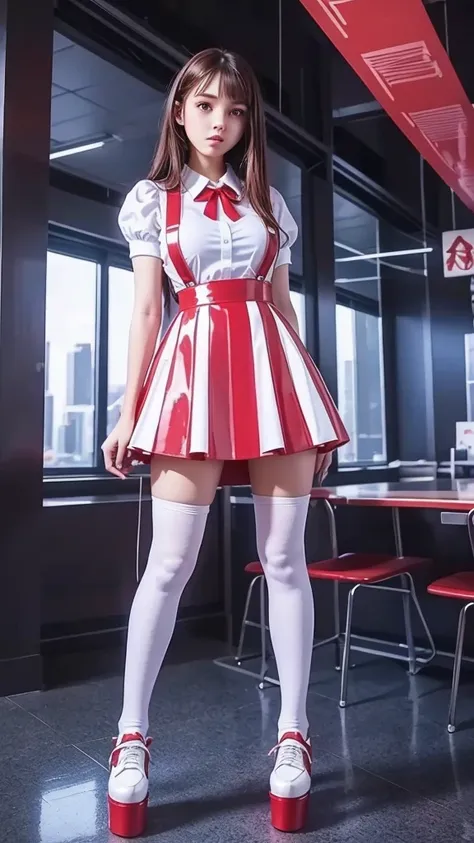  full body  , fitted figure , cute beautiful schoolgirl,  beautiful cute teen faces with big lips ,  red leather skater pinafore dress,  a transparent white blouse with short puffy sleeves ,  red tie , brunette long hair,  Beautiful eyes. stockings,   thic...