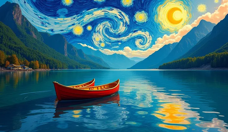 colorful landscape, surrealistic touch, two canoes, calm lake, reflecting vivid colors, green mountains, swirling sky, dynamic waves, curls, Van Goghs Starry Night style, bold outlines, rich, flowing texture