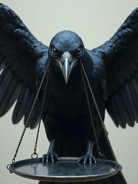 a realistic image of a raven with its wings spread, looking straight into the viewers eyes. the raven is holding a titanium-colored platform scale in its beak and in a slightly unbalanced position