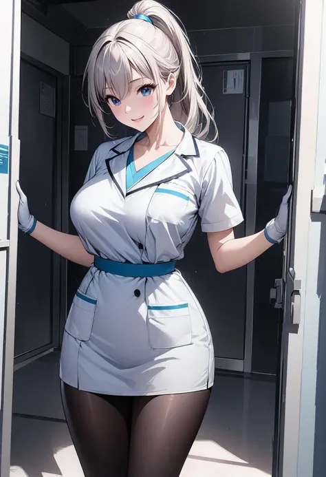 Beautiful girl 、Age 30、Best Quality、Ultra-precision、Detailed drawing、hospital、white doctor clothes 、 blue v-neck shirt 、White Skirt、 black stockings in a dark prison、 white gloves、Sharpness、 ponytail、Vivid colors、smile、 beautiful slender figure、Beautiful b...