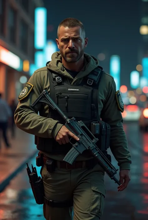 Night City Scenery, realistic style, male, 40s, Caucasian, crew cut brown hair, light police combat gear, holding silver pistol, light goatee, walking down the street towards me, stern and serious look, close up, photo-realistic, intricate details, high-qu...