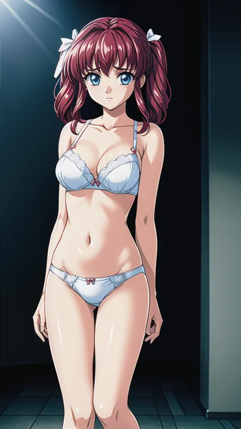 red hair、 twin tails、悲しいface、 blue eyes 、 full body style 、normal milk、 narrow waist 、bare legs、in underwear、、 upper body bra、 w...