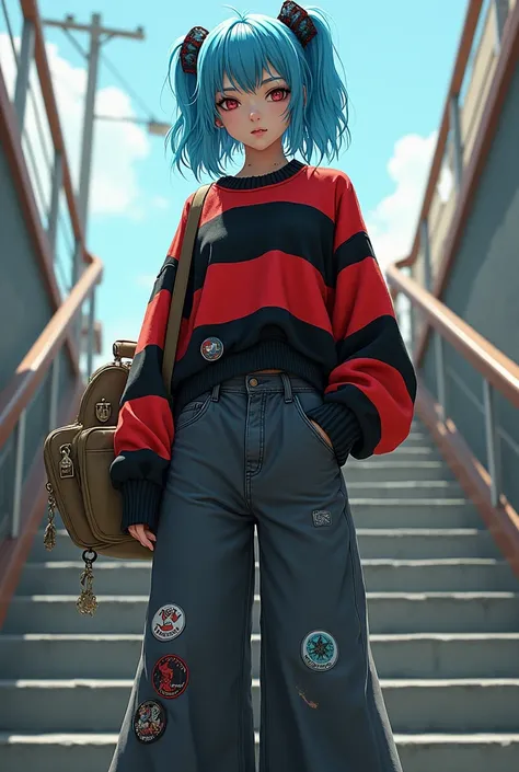 A girl with blue hair and a mullet haircut with an eyebrow piercing in very wide long dark gray jeans,  in a wide red and black striped sweater in black rocker boots on a massive platform with a khaki shoulder bag with badges goes to school