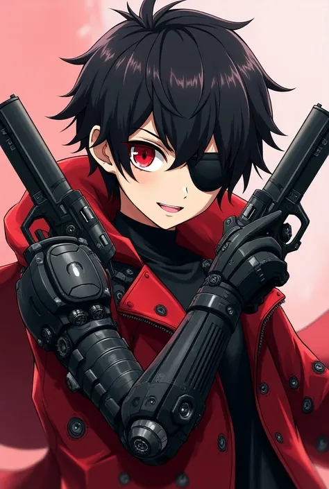 anime character, Use eye patch two pistols left arm mechanical, Red-toned eyes, black and red clothes, with mechanical details