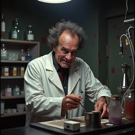 "Dr. Dementus, wild-eyed with disheveled hair, in a grimy, makeshift lab filled with bubbling vials and medical tools. He wears a grim smile, his hands gripping surgical tools. Shadows cast ominously. 1950s Super Panavision 70 style."