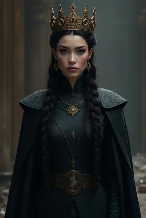 A Targaryen Queen with a crown and dark hair, blue-eyed. Her hair is braided
