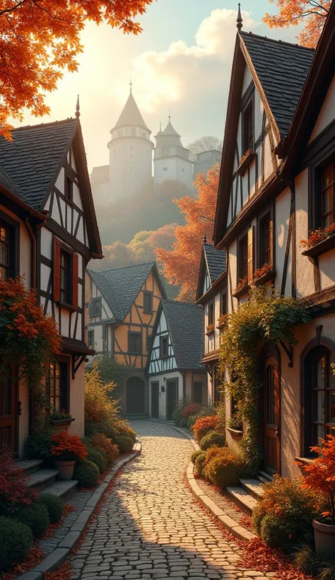 A cozy little village on an sunny autumn morning, beautiful detailed architecture, cobblestone streets, autumn foliage, sunny morning sky, warm lighting from windows, (best quality,8k,highres,masterpiece:1.2),ultra-detailed,realistic,photorealistic:1.37,la...