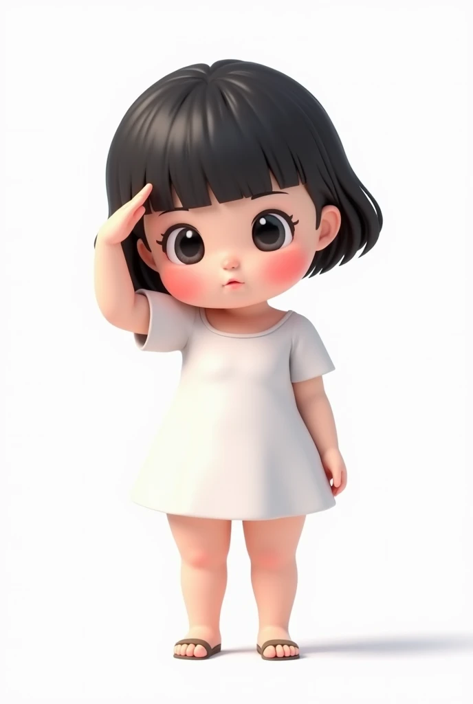 cute chubby girl , Bighead bang and short black hair, wear White dress , ยืนทำความเคารพแบบทหาร, cute 3d cartoon, SD cartoon ,UHD, 4K, HD, best quality ,Full body ,white background