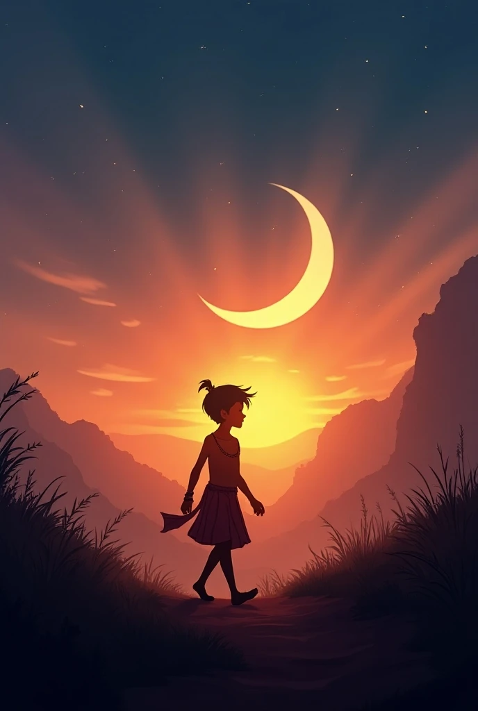 Indian boy walking near me moon at sun set 