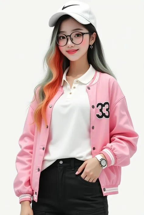 a very attractive young slightly chubby figure Korean woman, with black eyes and fair skin, long straight idol hairstyle white red orange green, smiling wearing a white polo shirt under a pink letterman jacket. black cargo pants glasses watch white nike ha...