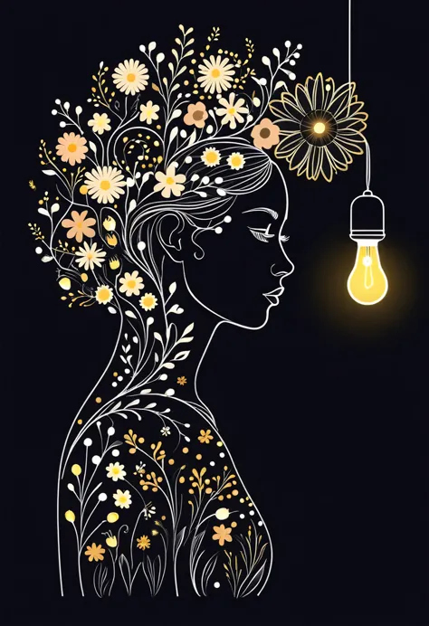 An illustration of a dark background with a female silhouette formed by a mix of delicate flowers and small, softly glowing light bulbs. The flowers and lamps alternate along its contours, creating a playful contrast between natural and industrial.