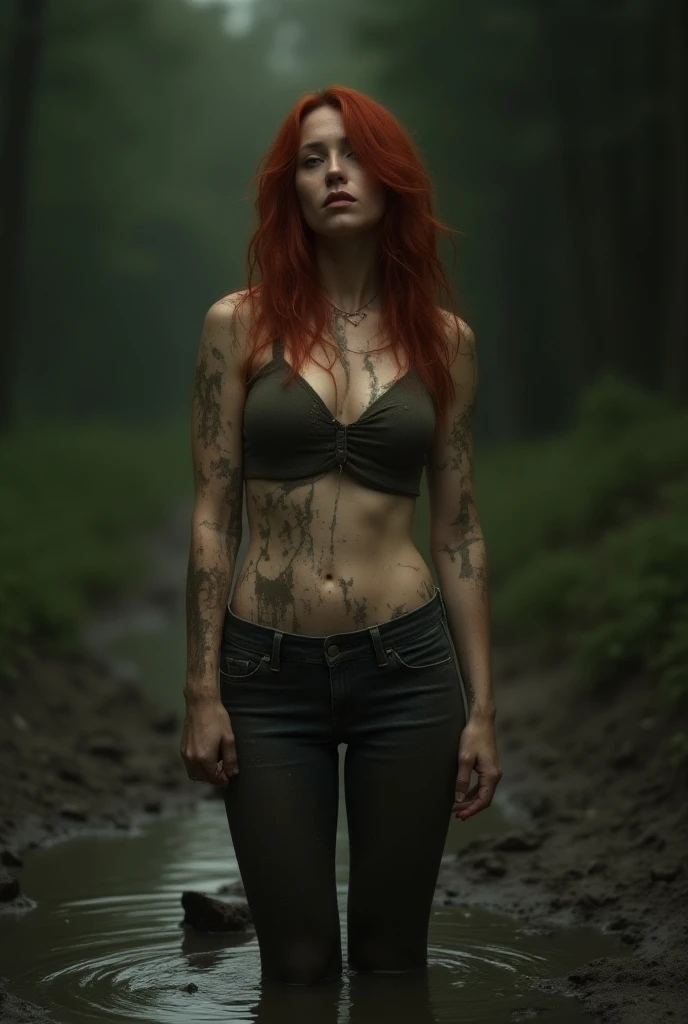  photo of a red-haired hot woman in jeans and a blouse ,  indulging in a shameful fetishes with despair and ecstasy , standing in a mud bath ,  full body,  stoic cinematic 4k epic detailed photo shot on kodak detailed bokeh cinematic hbo dark dark dark dar...