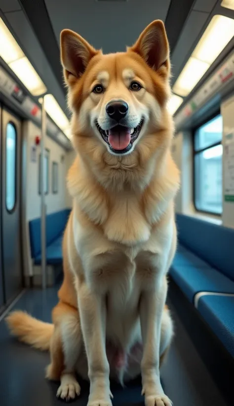  photos in the subway van, (In Japan, ) It is a 16k image of (dog)A giant, very large in the middle of a train van, so huge that it holds the cab high to the ceiling. ,. The background is inside the cab of a modern rounded tram adorned with bright, beautif...