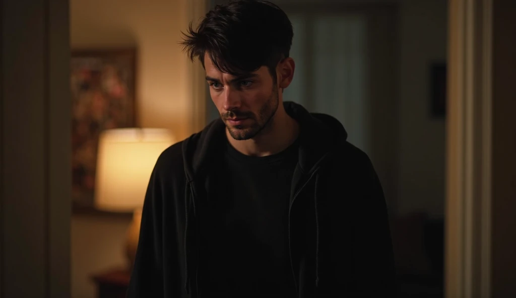 Closeup of a 25-year-old boy wearing a black t-shirt， black hair ，Wearing black sweatshirt，Take a picture of him walking out in the interior of a living room， dim light