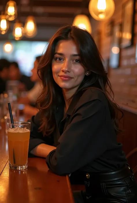  in a cozy bar environment ， Turkish facial Features {x} A naturally casual portrait of a young Turkish woman between the ages of 22 and 23， suitable for sharing with friends on Instagram 。 She has dark brown, naturally wavy hair ，Falling on the shoulders，...