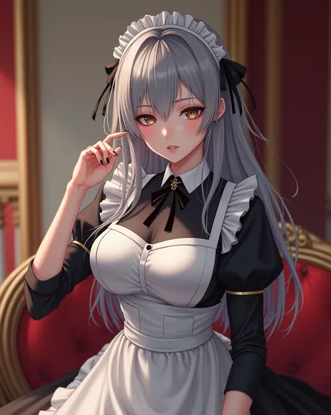 masterpiece,  best quality ,  high resolution , absurdres, 【8k, 4K,  Official Art ,, , (apartment_color:0.9),, ,  1 girl , Large target_breast, maid uniform, gray hair, , ,  