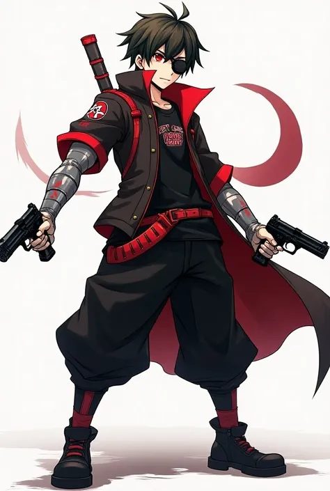 male anime character, Use eye patch two pistols left arm mechanical the human right, Red-toned eyes, black clothes,  red and white with mechanical details, with both hands forward 