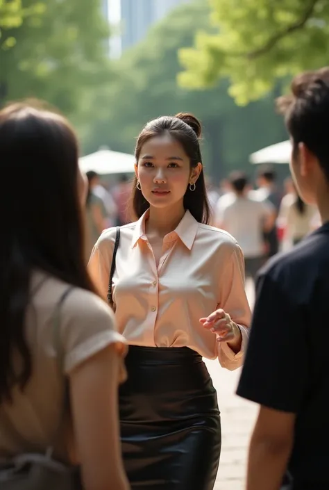 Girl in satin blouse and leather pencil mini skirt talking with friends at KLCC park