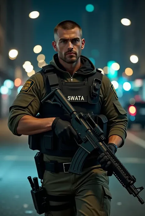 Night City Scenery, realistic style, male, 40s, Caucasian, crew cut brown hair, light police combat gear, holding silver pistol, light goatee, walking down the street towards me, stern and serious look, close up, photo-realistic, intricate details, high-qu...