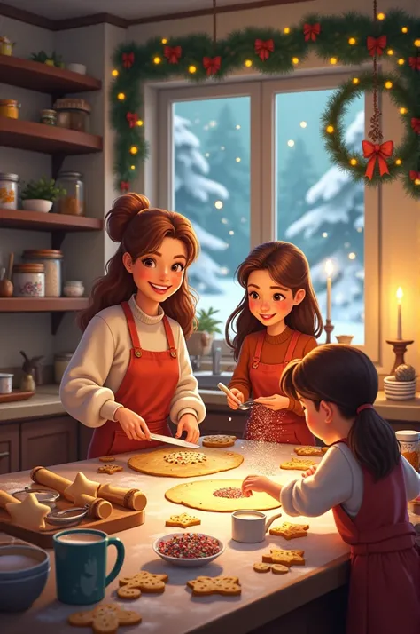 Imagine a cozy kitchen filled with warm light radiating from an open oven. At the center of the scene is the process of baking Christmas cookies. The main characters, a few friends or family members, are happily engaged in baking and decorating cookies. On...