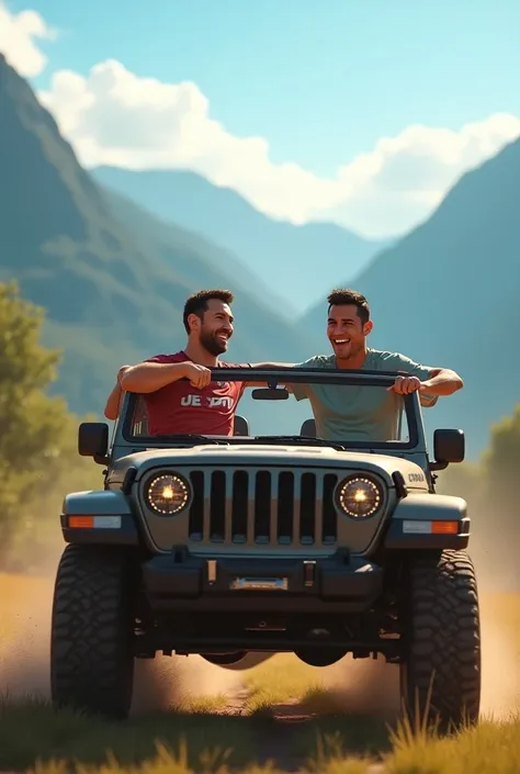 LIONEL MESSI AND CRISTIANO RONALDO LAGHING AND DRIVING OPEN JEAP FROM BEAUTYFUL BACKGROUND 