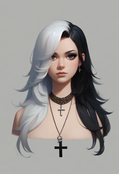 score_9, score_8_up, score_7_up, gothic girl, gothic girl 1girl 1girl,One, long hair, looks at the viewer,simple background, black hair ,  jewelry, white hair, multicolor hair ,necklace, black eyes,gray background,necklace,( one-eye hair ), bicolor hair ,c...