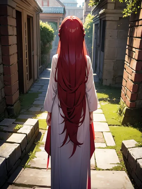 Back view of a young girl with long red hair，Wear ancient costumes