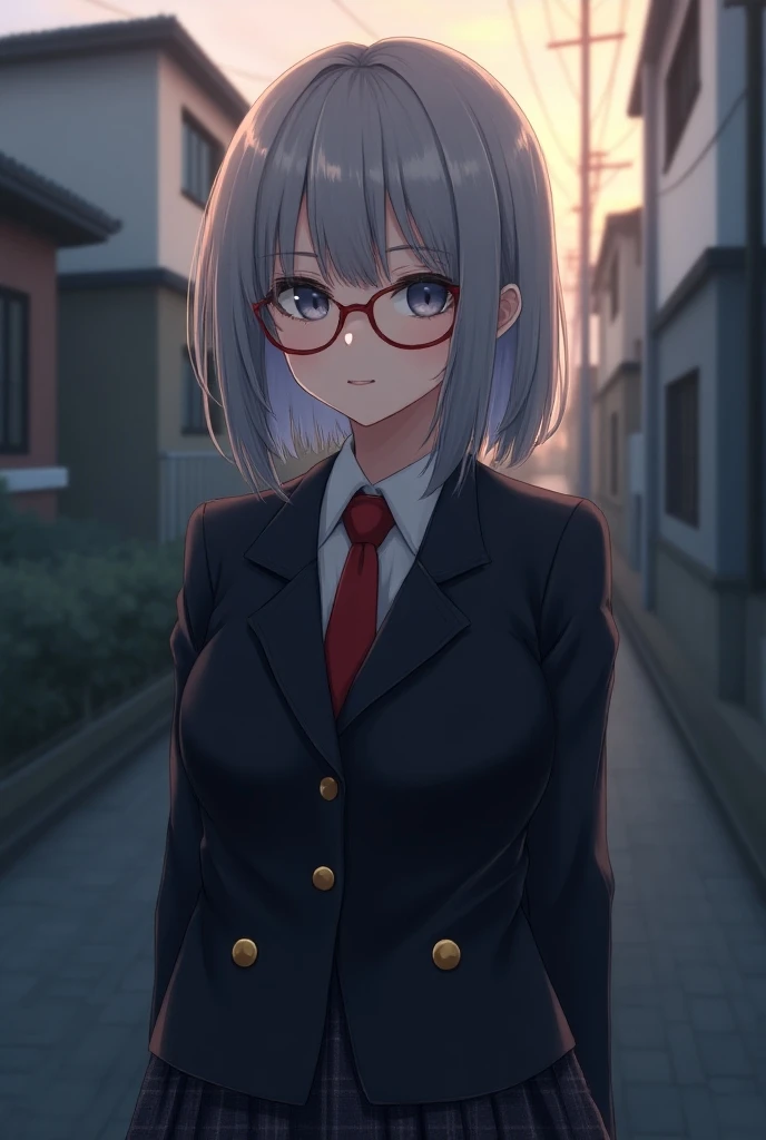 Gray Hair,Black Eyes,Pure white skin, medium hair , Beautiful Girl, Framed Red Glasses , school t-shirt , school t-shirt の上に黒色で金色のボタン付きブレザー, red tie, Plaid Skirt , black tights,Introvert, Giving the impression of being smitten ,High school girl,uniform,Dar...