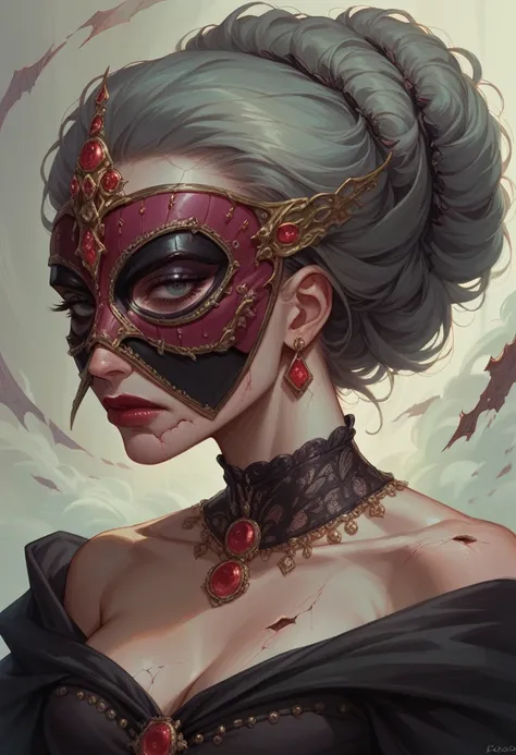 Artwork of a magnificent ((scary and gloomy)), ((broken)), ((macabre)), ((morbid)), ((chipped)) (((porcelain carnival sexy mask))), ((sexy)), ((glamour)), ((rococo))