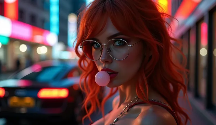  generate me sexy redhead girl 25 years old in glasses and tattoo. Behind audi r8 and neon street. She blows a bubble of gum. She has big breasts