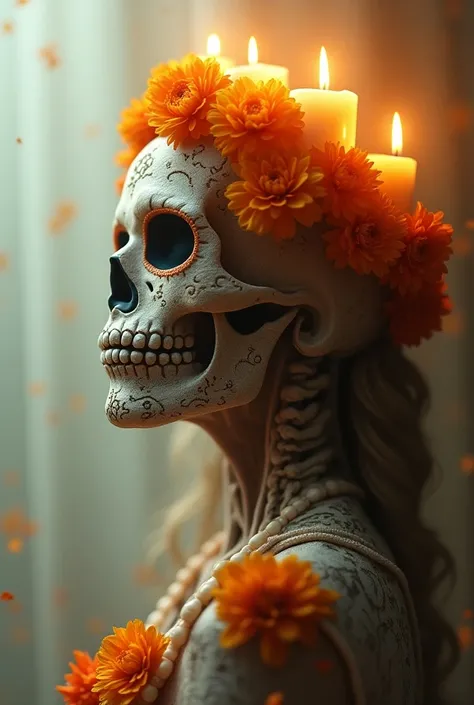 Sugar skull profile with candles in the shape of a crown and marigold flowers in a pastel dream style