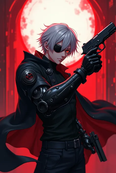 male anime character, Use eye patch two pistols left arm mechanical, Red-toned eyes, black clothes,  red and white with mechanical details, with short white hair 