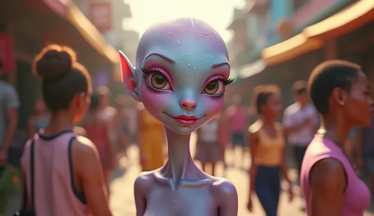 realistic alien named Zori with pale blue and lavender shimmering skin, playfully experimenting with makeup on Earth, surrounded by humans of various ages with colorful, creative makeup in a vibrant, bustling street under a warm golden sun, with Zoris face...