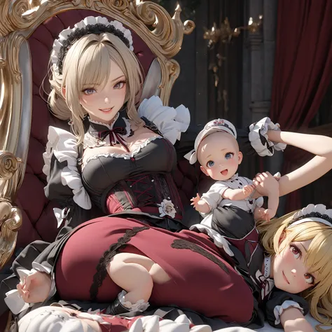    attractive maid with a maternal body  ,  Very luxurious throne  、 Black and Deep Red Gothic Maid Outfit    ,     strict yet compassionate gaze    ,     Loving Devotion and Devotional Service    ,    High quality 3D rendering,     photorealistic ,     hy...