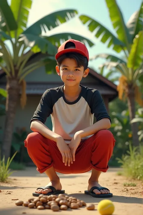 Indonesian teenager, , very handsome, white skinned,wearing a white shirt with black sleeves,wearing red 3/4 pants, wearing flip-flops,wearing a red hat worn backwards,squatting pose,there is a pile stacked of small flat brown stones on the ground,there is...