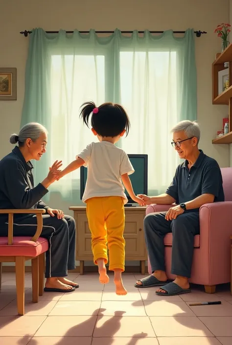 "A  Vietnamese girl with short hair is wearing a white t-shirt and yellow pants, jumping around by the TV. Her grandmother, dressed in a dark tracksuit, is sitting next to a pink chair, while her grandfather is wearing shorts and a white shirt, using a sma...