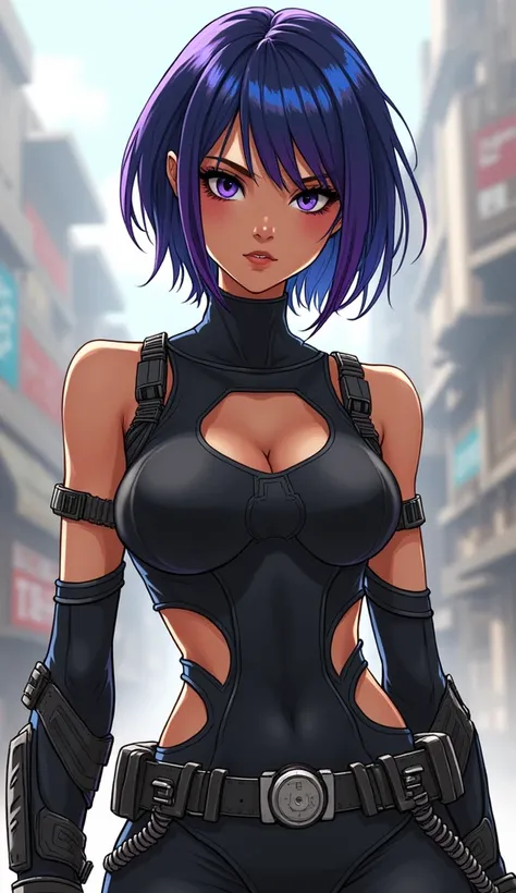 
adoodle art drawing of a woman, light brown skin color, black eyes, futuristic short hair with blue, purple angled bangs. futuristic combat clothing, with bold black cuts, fitted to the body and allowing agile movements. Metallic details, bands or buckles...