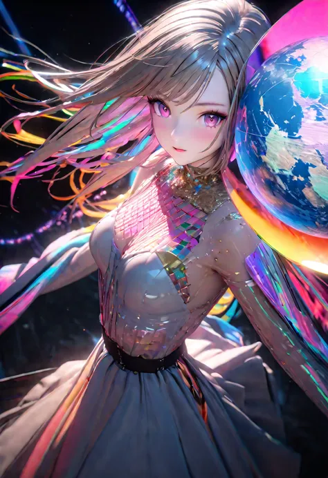 sunset spacious sunrise panoramic background, fashion portrait color photograph woman Diva, neon lights holography, draw in neon colors ((earth World)): Earth Globe : ((floating)), transparent, Three dimensions, light, SF, Digital art, Digital, scientific,...