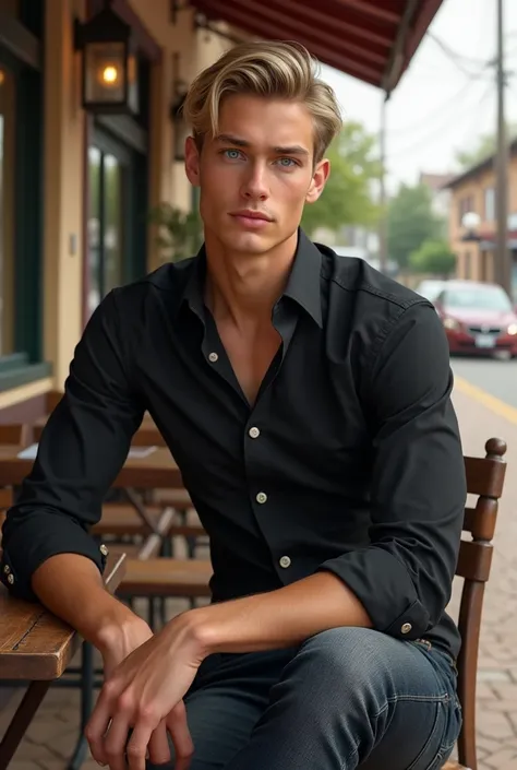 caucasusian mid teen man, blonde hair, black buttoned shirt and dark jeans, handsome, photorealistic, blue eyes, black hair, sitting relaxed at the outside of rural town restaurant with a cup of coffee , realistic, highly detailed, 8k, masterpiece,