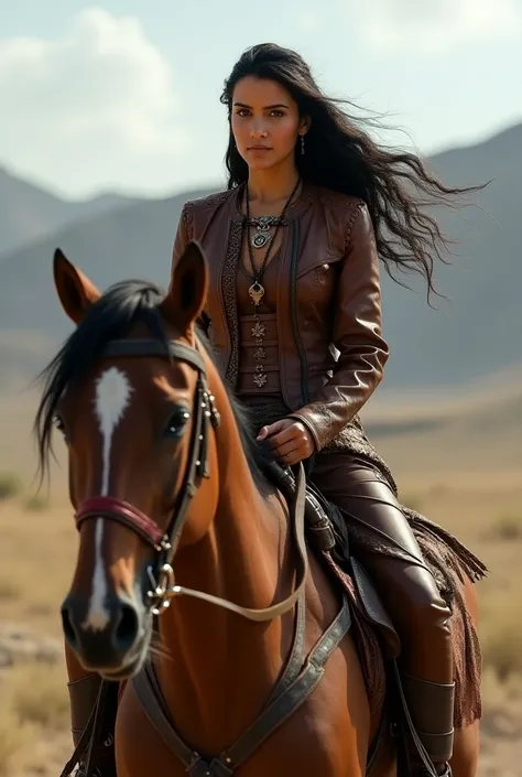 Create an India girl with long nose in all leather outfit riding horse