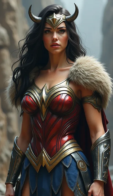 (photorealism:1.2), Wonder Woman in Viking-inspired armor, with fur-covered shoulders and metal armor resembling Norse warriors. A helmet with small horns, rune symbols on the armor, and carrying a hammer or axe, symbolizing Norse mythology."