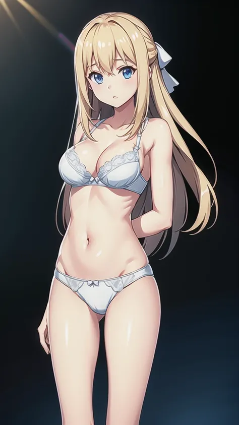 Blonde、Long Hair、悲しいface、 blue eyes 、 Full Body Style 、Normal milk、 narrow waist 、Bare legs、In underwear、、 upper body bra、 white bra、lower body panties ，White ribbon panties，White pumps、 official art, Extremely High Definition CG Unity 8k Wallpaper, full l...