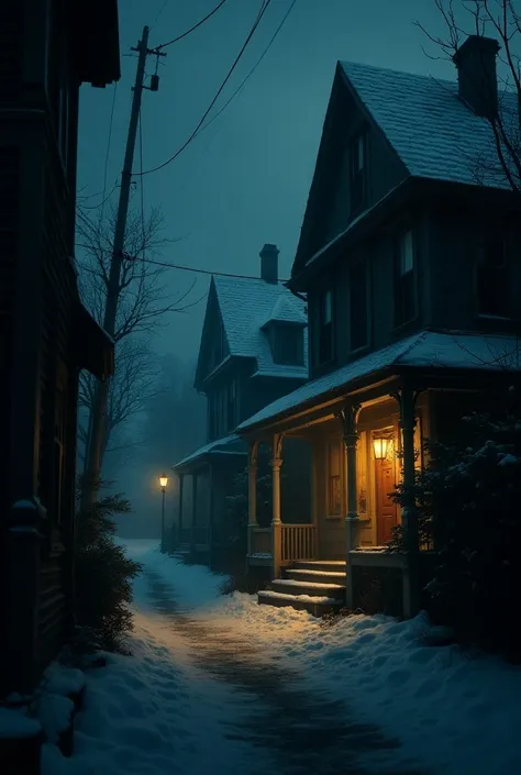 a little darker Horror Christmas town, like have a light out on one of the houses, a door open to give a creepy feel, cloaked shadows over the town