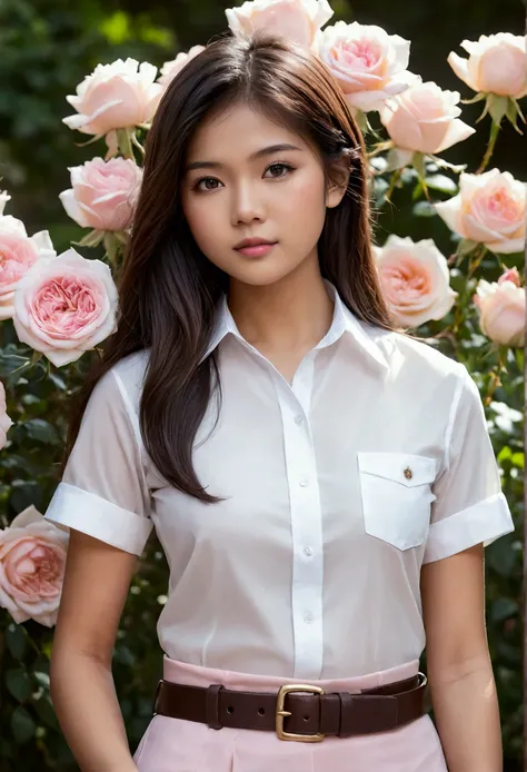 A photography of thai woman 18 years old standing outdoors in a garden setting filled with blooming pink roses in the background. She is wearing Mahalai uniform, sheer white short sleeve shirt, short black pencil skirt, brown belt, She has long, straight b...