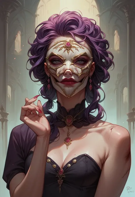 Artwork of a magnificent ((scary and gloomy)), ((broken)), ((macabre)), ((morbid)), ((chipped)) (((porcelain carnival sexy mask))), ((sexy)), ((glamour)), ((rococo))